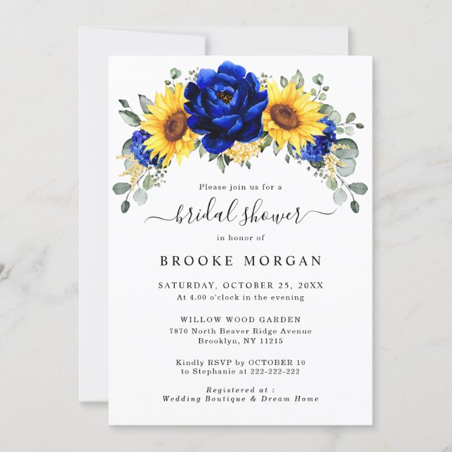 Royal Blue Rustic Sunflower Modern Bridal Shower Invitation (Front)