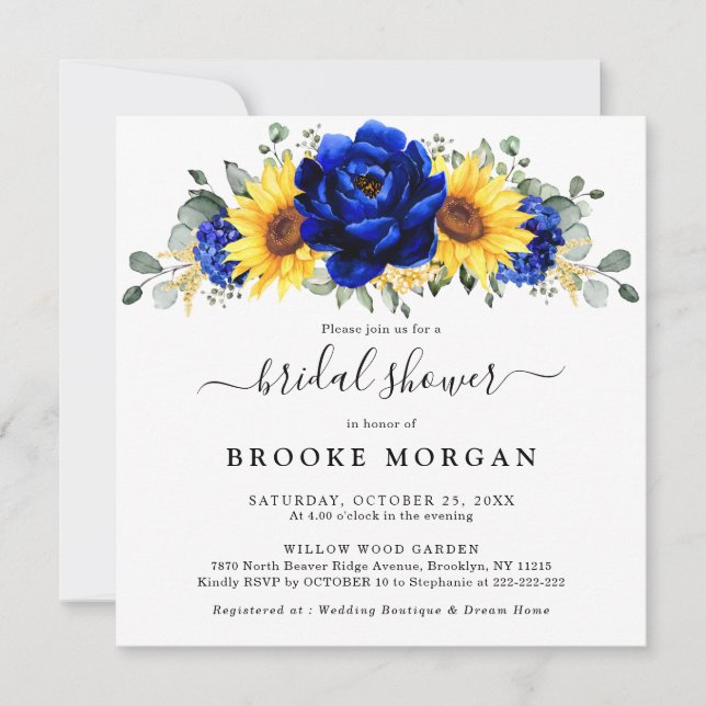 Royal Blue Rustic Sunflower Modern Bridal Shower Invitation (Front)