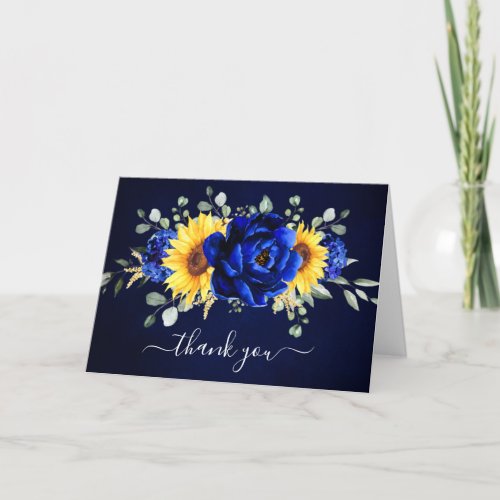 Royal Blue Rustic Sunflower Modern Bridal Shower T Thank You Card