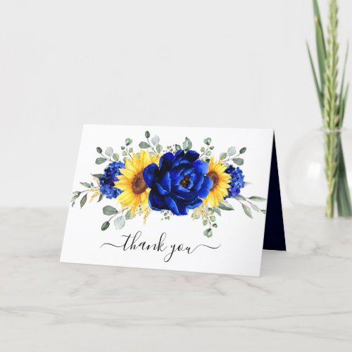 Royal Blue Rustic Sunflower Modern Bridal Shower Thank You Card
