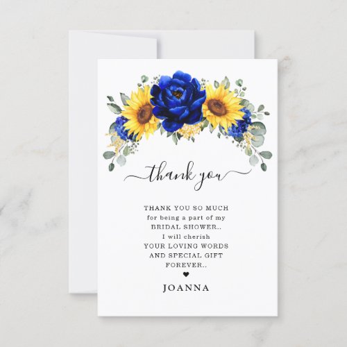 Royal Blue Rustic Sunflower Modern Bridal Shower Thank You Card