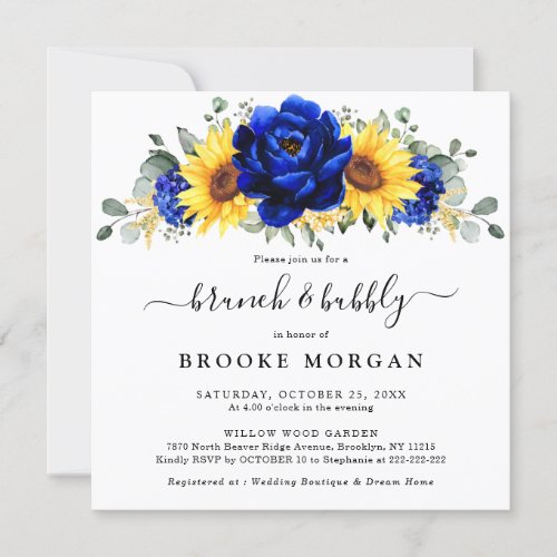 Royal Blue Rustic Sunflower Modern Brunch  Bubbly Invitation