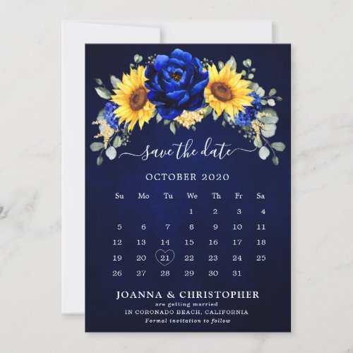 Royal Blue Rustic Sunflower Modern Floral calendar Save The Date