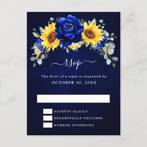 Royal Blue Rustic Sunflower Modern Floral RSVP Pos Postcard