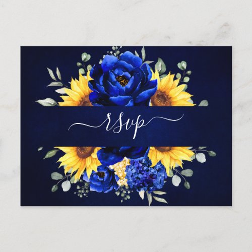 Royal Blue Rustic Sunflower Modern Floral RSVP Pos Postcard