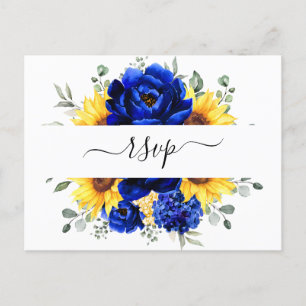 Royal Blue Rustic Sunflower Modern Floral RSVP Postcard