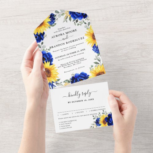 Royal Blue Rustic Sunflower Modern Floral Wedding  All In One Invitation