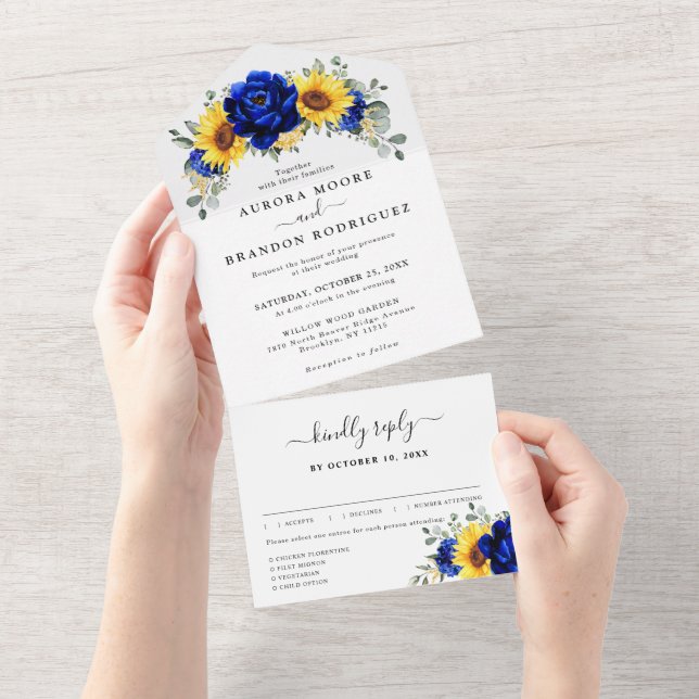 Royal Blue Rustic Sunflower Modern Floral Wedding  All In One Invitation (Tearaway)