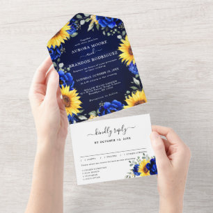 Royal Blue Rustic Sunflower Modern Floral Wedding All In One Invitation