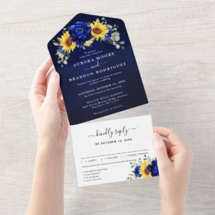 Royal Blue Rustic Sunflower Modern Floral Wedding All In One Invitation