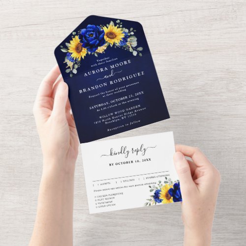 Royal Blue Rustic Sunflower Modern Floral Wedding  All In One Invitation