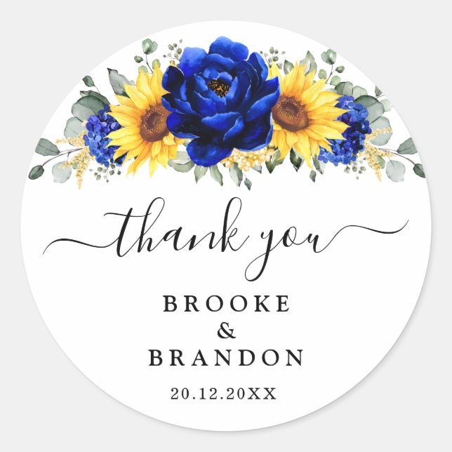 Royal Blue Rustic Sunflower Modern Floral Wedding  Classic Round Sticker (Front)