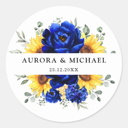 Royal Blue Rustic Sunflower Modern Floral Wedding  Classic Round Sticker