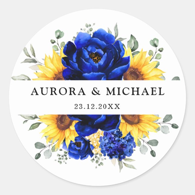 Royal Blue Rustic Sunflower Modern Floral Wedding  Classic Round Sticker (Front)