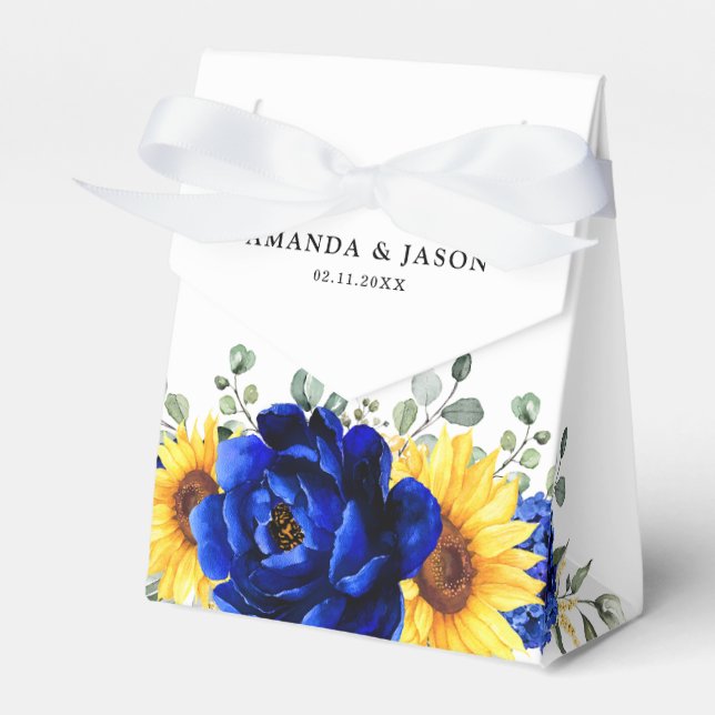 Royal Blue Rustic Sunflower Modern Floral Wedding Favor Boxes (Front Side)