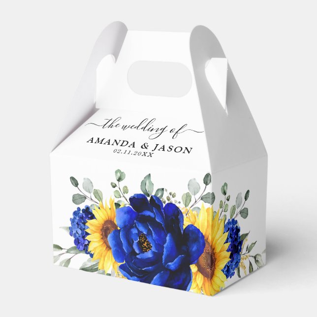 Royal Blue Rustic Sunflower Modern Floral Wedding Favor Boxes (Back Side)