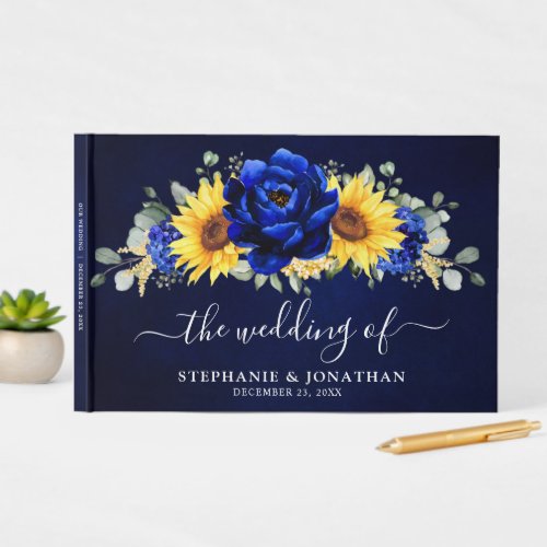Royal Blue Rustic Sunflower Modern Floral Wedding  Guest Book