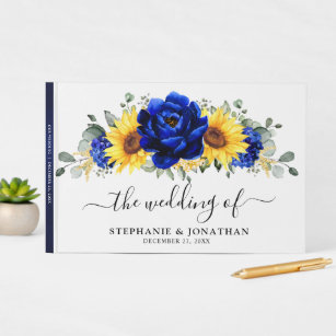 Royal Blue Rustic Sunflower Modern Floral Wedding  Guest Book