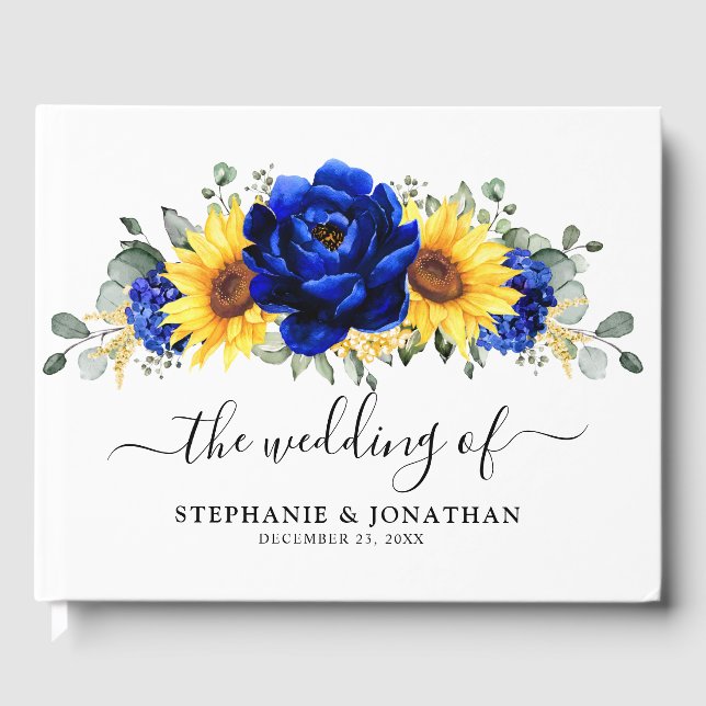 Royal Blue Rustic Sunflower Modern Floral Wedding  Guest Book (Front)