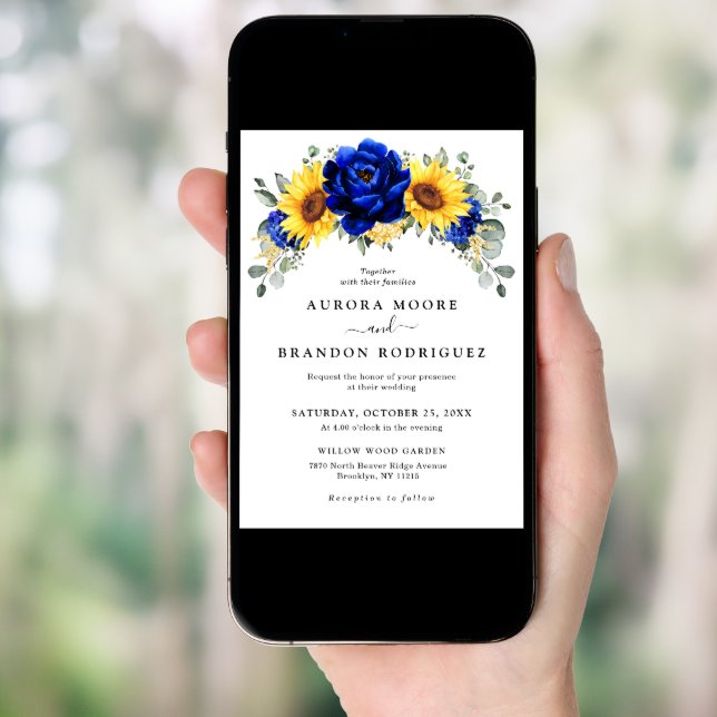 Royal Blue Rustic Sunflower Modern Floral Wedding  Invitation (Front Digital)