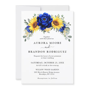 Royal Blue Rustic Sunflower Modern Floral Wedding  Invitation