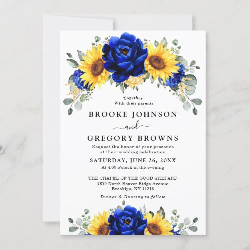 Royal Blue Rustic Sunflower Modern Floral Wedding  Invitation