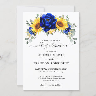 Royal Blue Rustic Sunflower Modern Floral Wedding Invitation