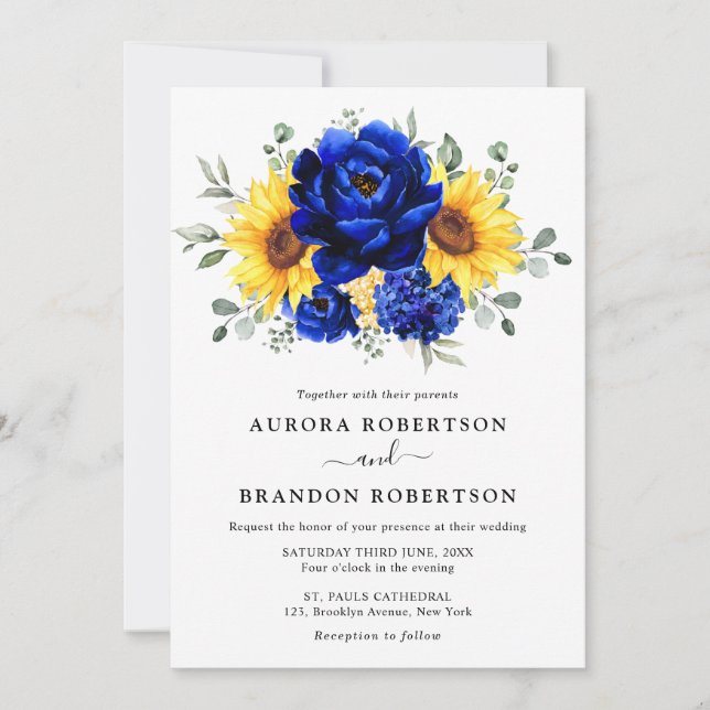 Royal Blue Rustic Sunflower Modern Floral Wedding  Invitation (Front)
