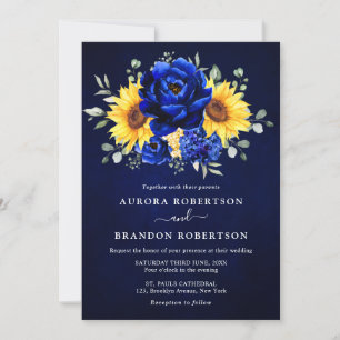 Royal Blue Rustic Sunflower Modern Floral Wedding Invitation
