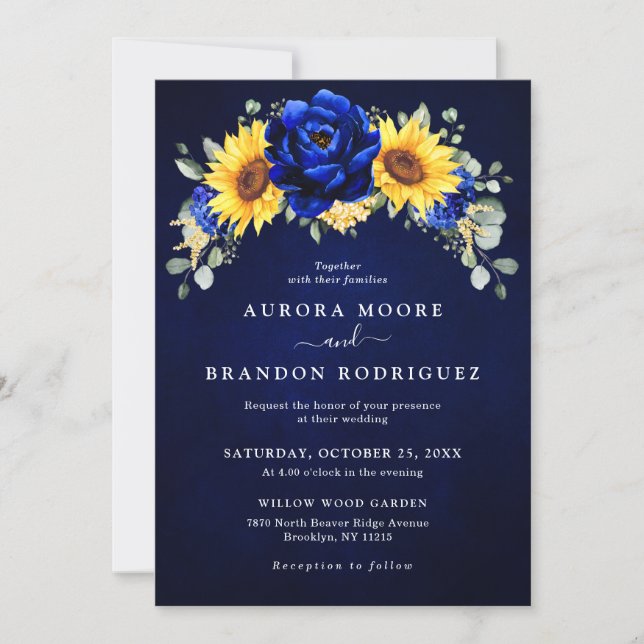 Royal Blue Rustic Sunflower Modern Floral Wedding  Invitation (Front)