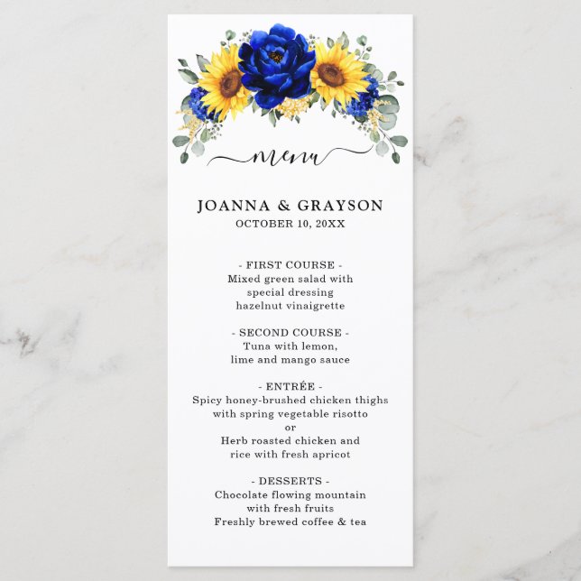 Royal Blue Rustic Sunflower Modern Floral Wedding Menu (Front)