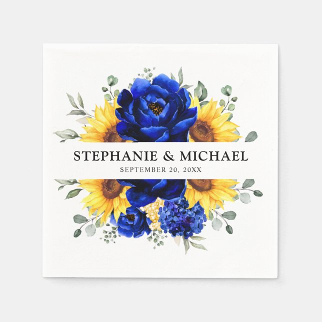 Royal Blue Rustic Sunflower Modern Floral Wedding  Napkins (Front)
