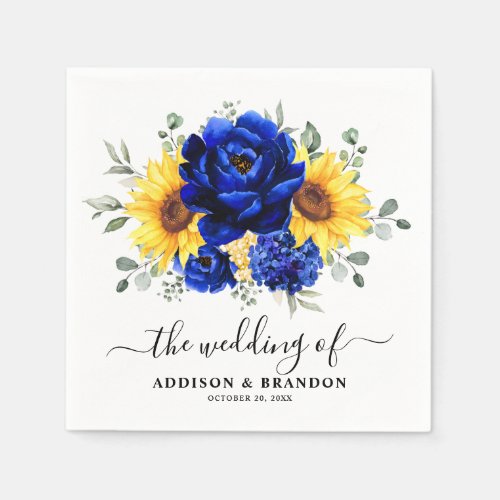 Royal Blue Rustic Sunflower Modern Floral Wedding  Napkins