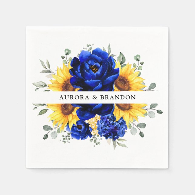 Royal Blue Rustic Sunflower Modern Floral Wedding  Napkins (Front)
