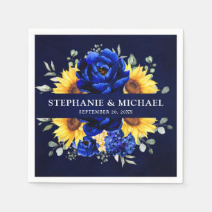 Royal Blue Rustic Sunflower Modern Floral Wedding Napkins