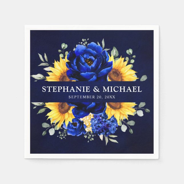 Royal Blue Rustic Sunflower Modern Floral Wedding  Napkins (Front)