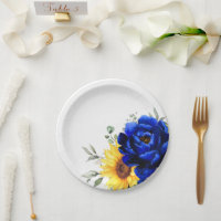 Royal Blue Rustic Sunflower Modern Floral Wedding  Paper Plates