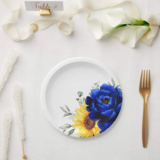 Royal Blue Rustic Sunflower Modern Floral Wedding  Paper Plates (Wedding)