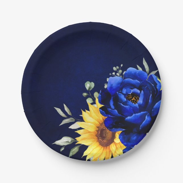 Royal Blue Rustic Sunflower Modern Floral Wedding  Paper Plates (Front)
