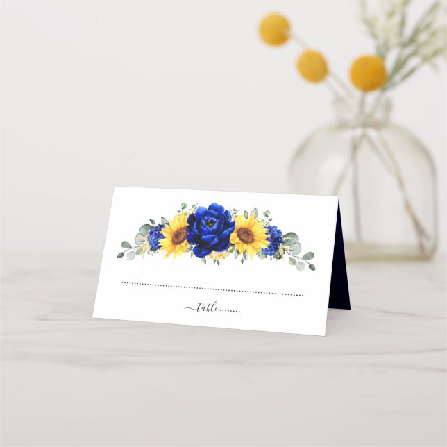Royal Blue Rustic Sunflower Modern Floral Wedding  Place Card (Front)