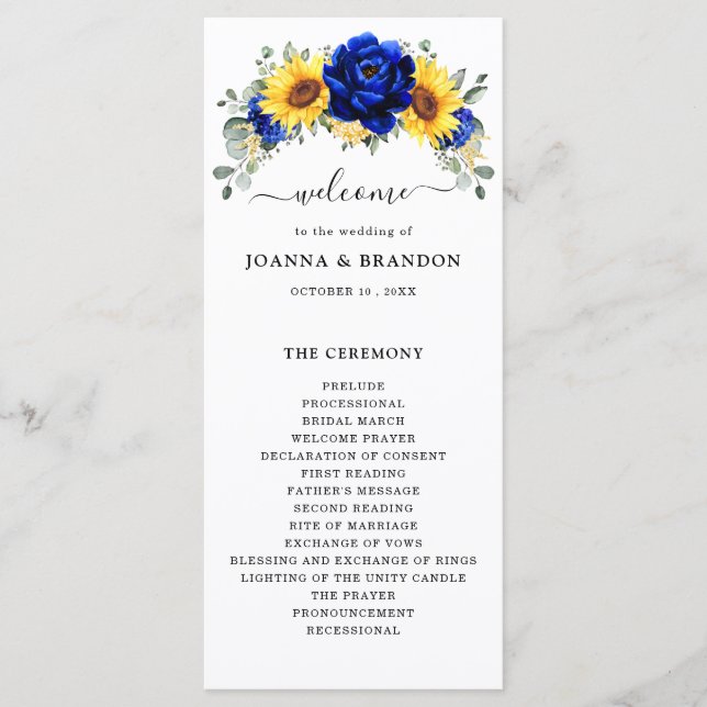 Royal Blue Rustic Sunflower Modern Floral Wedding  Program (Front)
