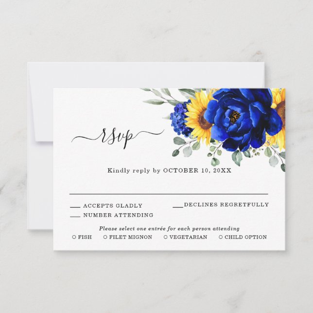 Royal Blue Rustic Sunflower Modern Floral Wedding  RSVP Card (Front)