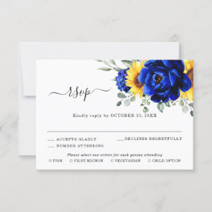 Royal Blue Rustic Sunflower Modern Floral Wedding RSVP Card