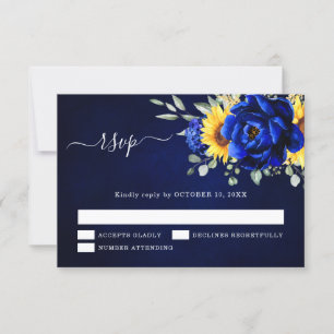Royal Blue Rustic Sunflower Modern Floral Wedding RSVP Card
