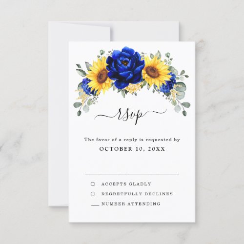 Royal Blue Rustic Sunflower Modern Floral Wedding  RSVP Card