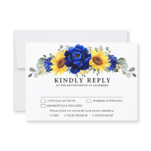 Royal Blue Rustic Sunflower Modern Floral Wedding  RSVP Card