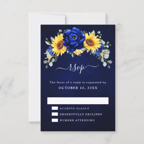 Royal Blue Rustic Sunflower Modern Floral Wedding  RSVP Card