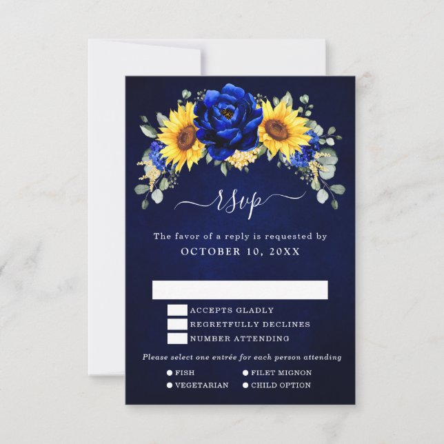 Royal Blue Rustic Sunflower Modern Floral Wedding  RSVP Card (Front)
