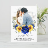 Royal Blue Rustic Sunflower Modern Floral Wedding  Save The Date (Standing Front)
