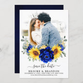 Royal Blue Rustic Sunflower Modern Floral Wedding  Save The Date (Front/Back)